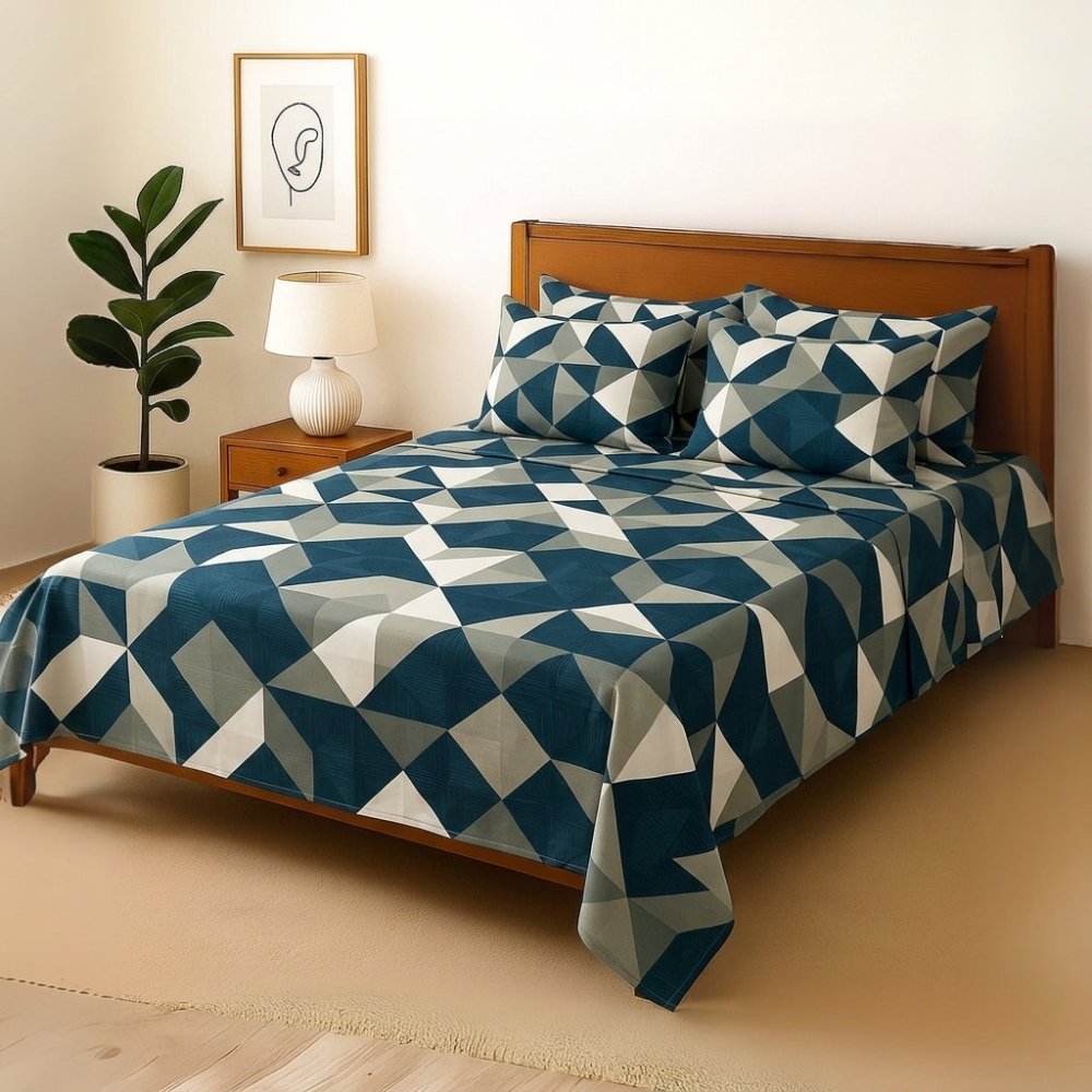 Blue Triangle - Bedsheet With 4 Pillow Covers - Zaraish.com