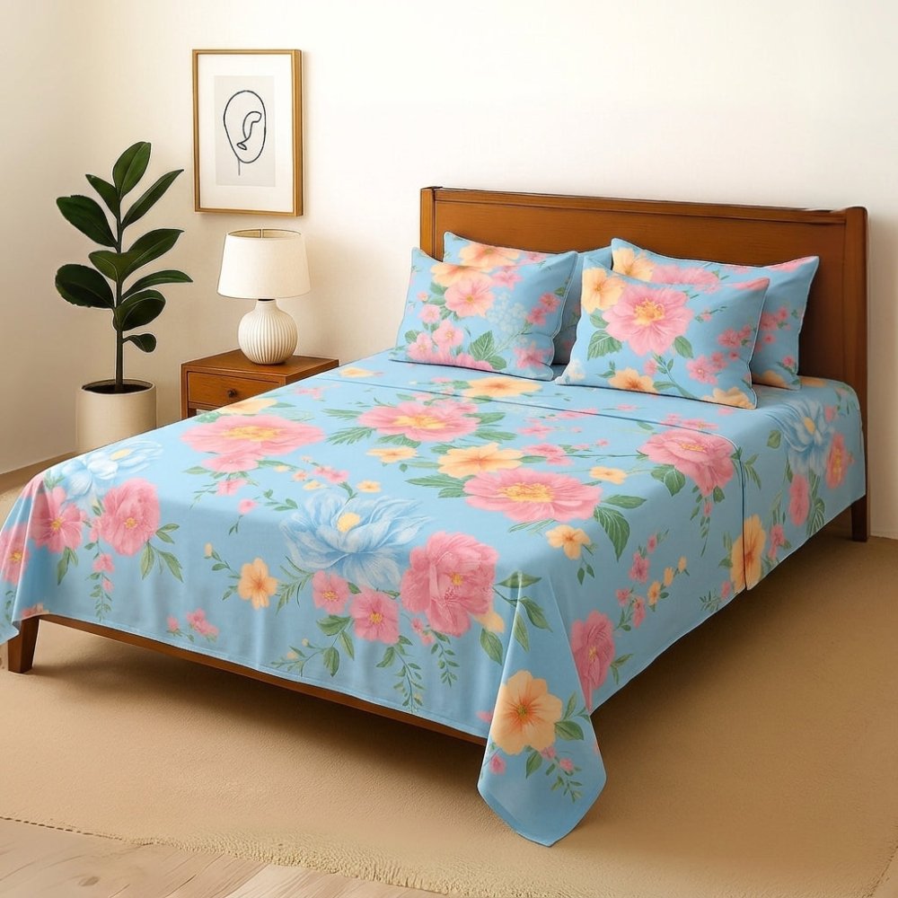 Blue Flowery - Bedsheet With 4 Pillow Covers - Zaraish.com