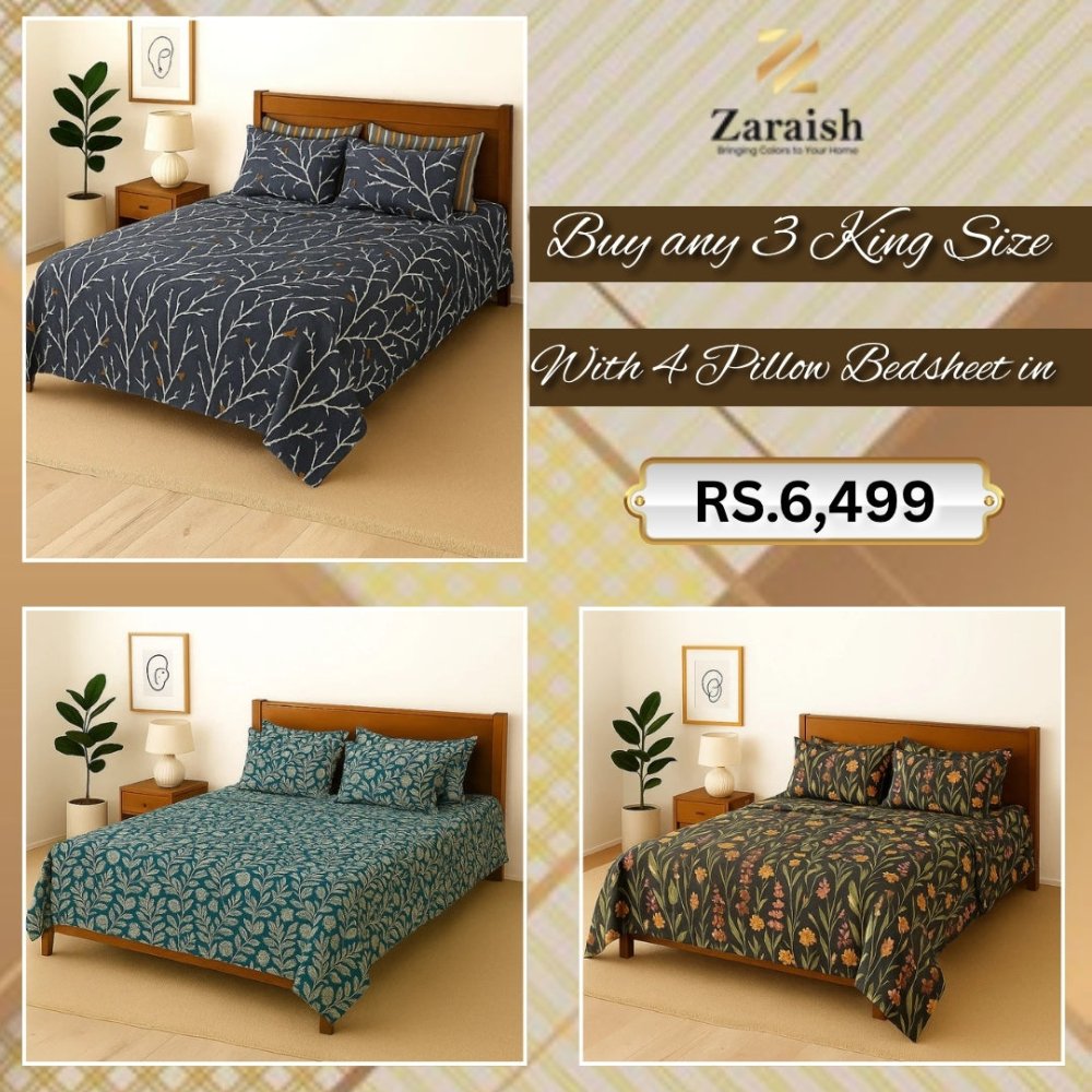 Buy any 3 king size with 4 pillow bedsheet in 6499 - Zaraish.com