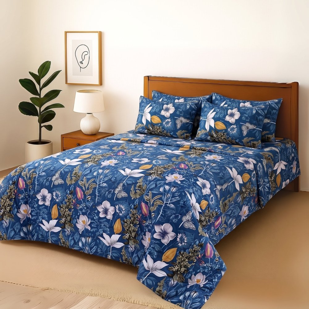 CP Blue Tulip - Bedsheet With 4 Pillow Covers - Zaraish.com