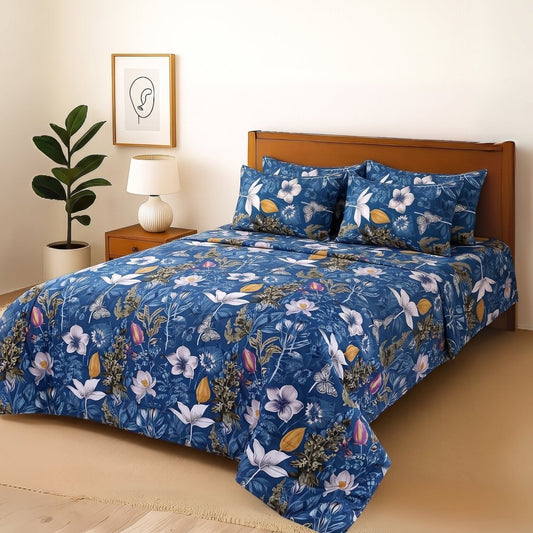 CP Blue Tulip - Bedsheet With 4 Pillow Covers - Zaraish.com