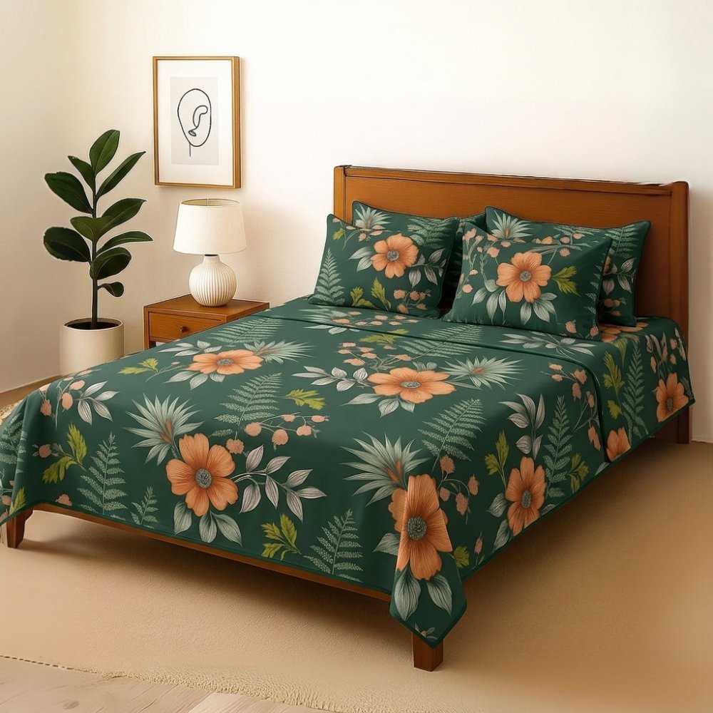 Green Tulip - Bedsheet With 4 Pillow Covers - Zaraish.com