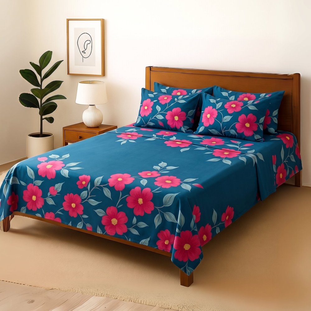 Red lowery - Bedsheet With 4 Pillow Covers - Zaraish.com