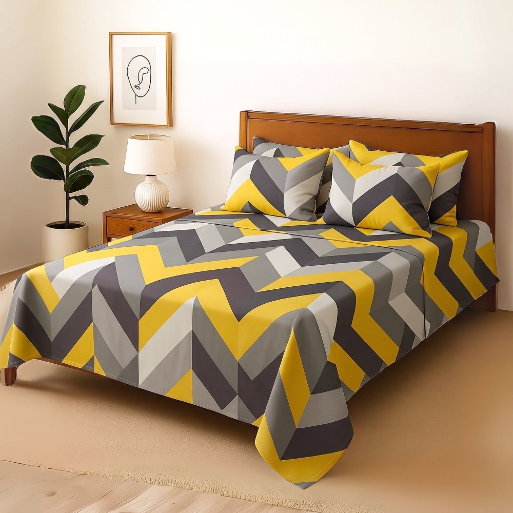 Yellow Triangle - Bedsheet With 4 Pillow Covers - Zaraish.com
